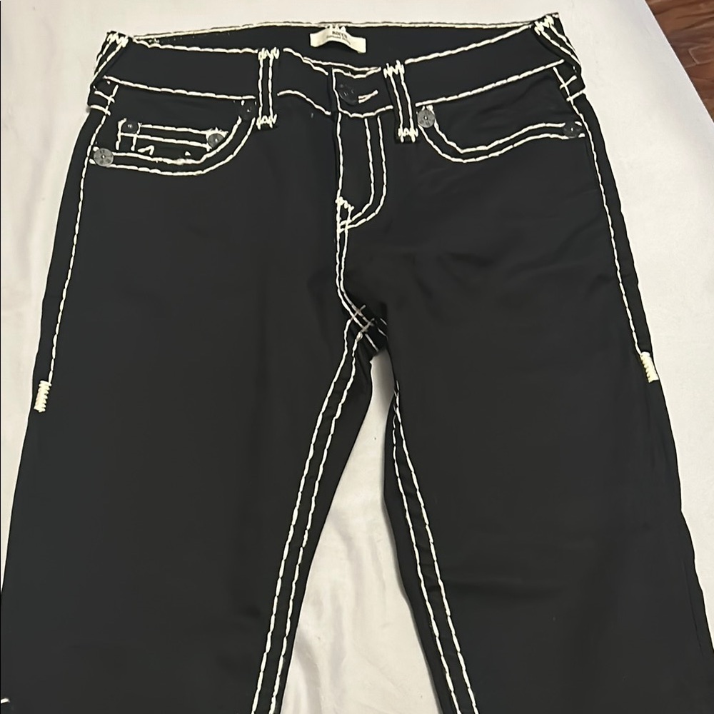 True Religion Black Straight Leg Jeans with Bold Stitching